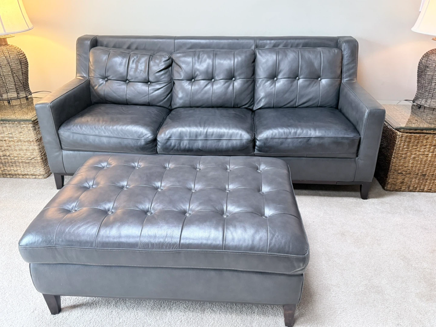 Dark Gray Tufted Leather Sofa and Ottoman Set