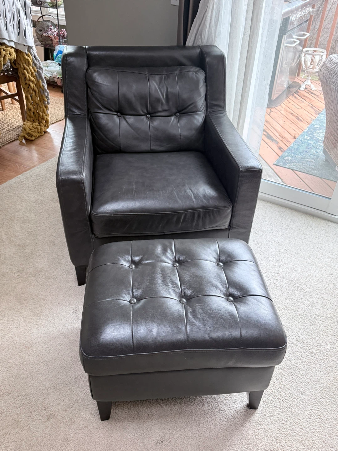 Dark Gray Tufted Leather Sofa and Ottoman Set - photo 2