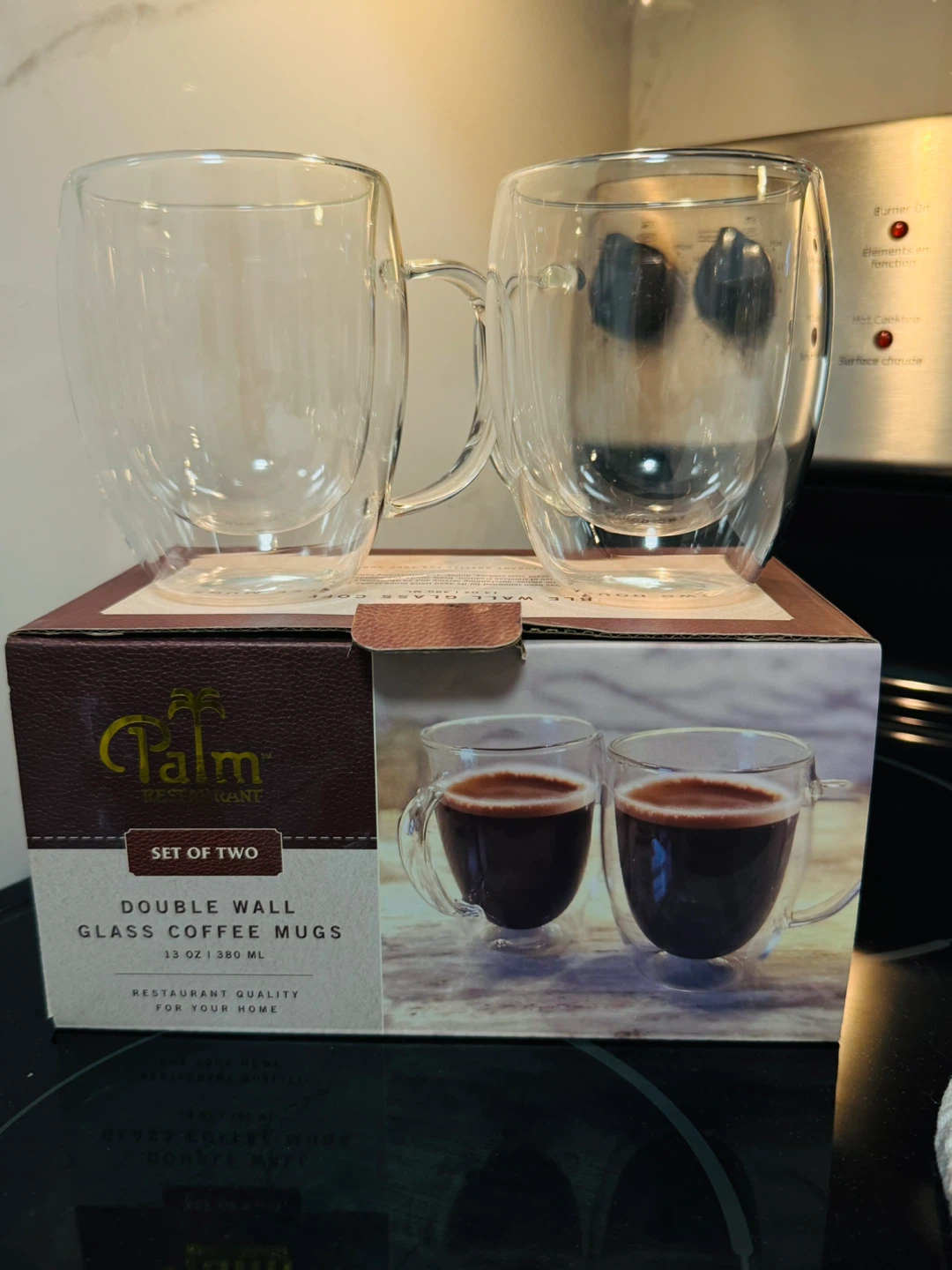 Palm Restaurant Double Wall Glass Coffee Mugs - Set of Two