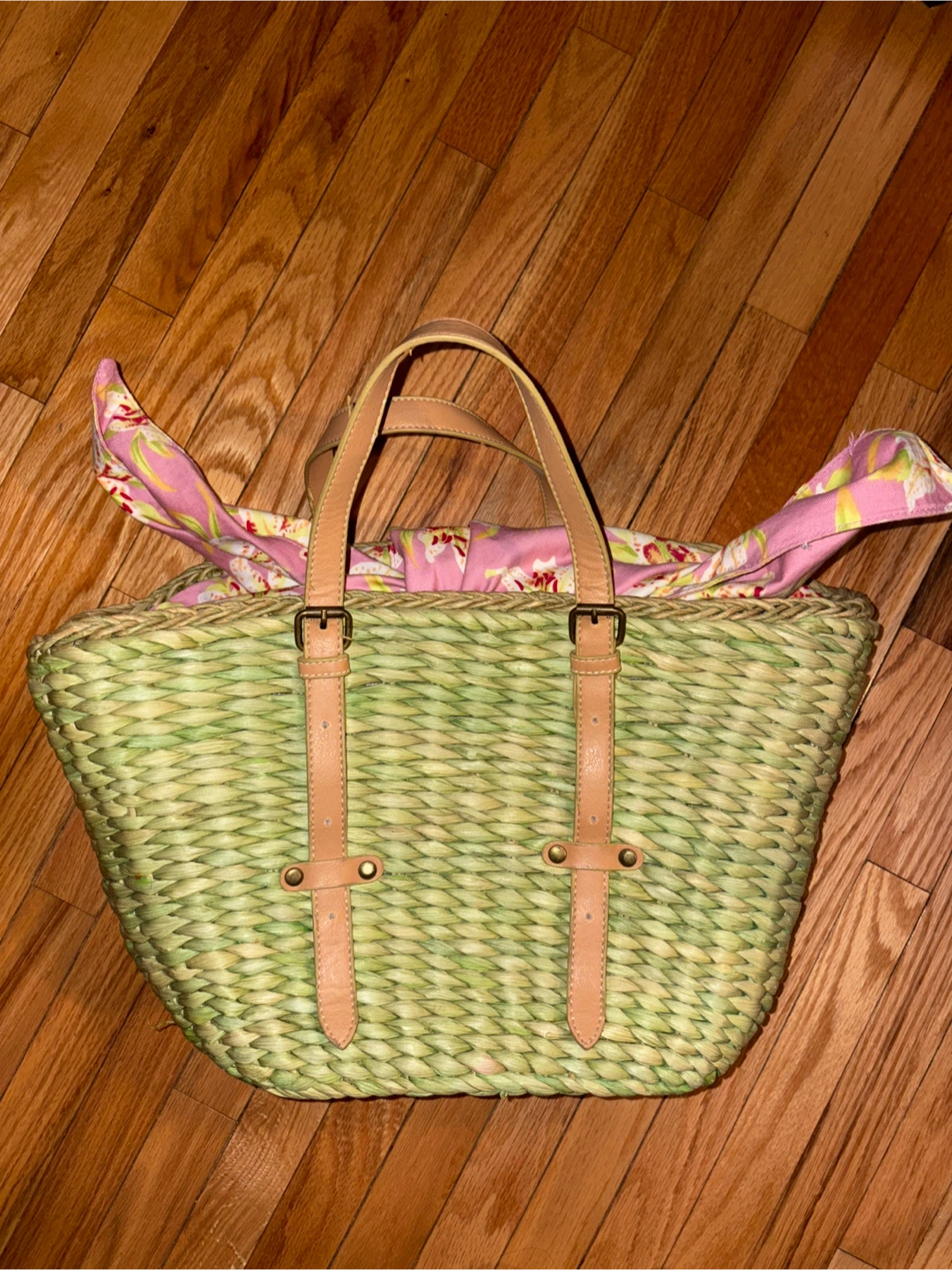 Woven Straw Tote Bag with Floral Lining