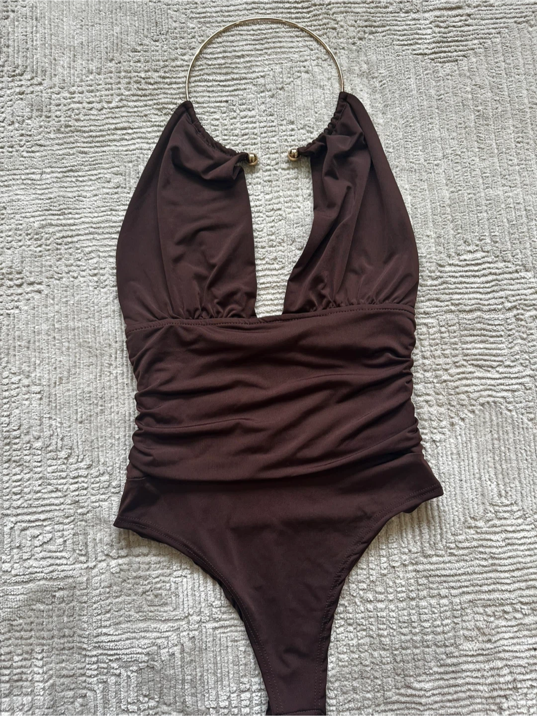 New Fashion Nova Joanna Halter Ruched Bodysuit - Chocolate