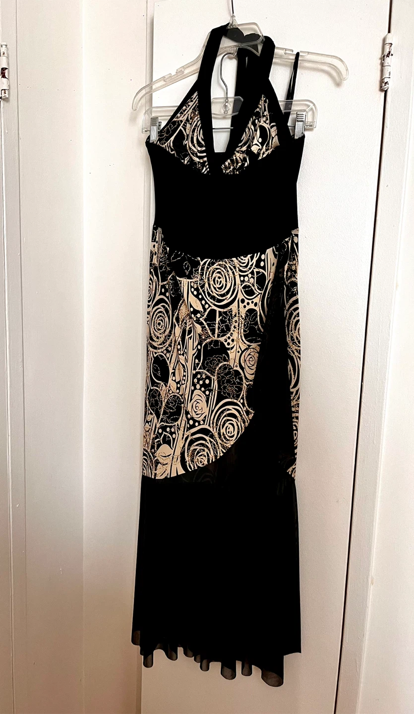 Black Halter Dress with Abstract goldish  Print
