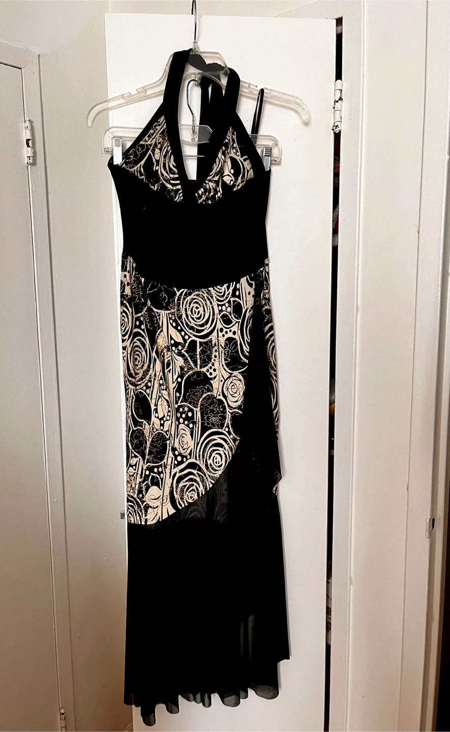 Black Halter Dress with Abstract goldish  Print - photo 5