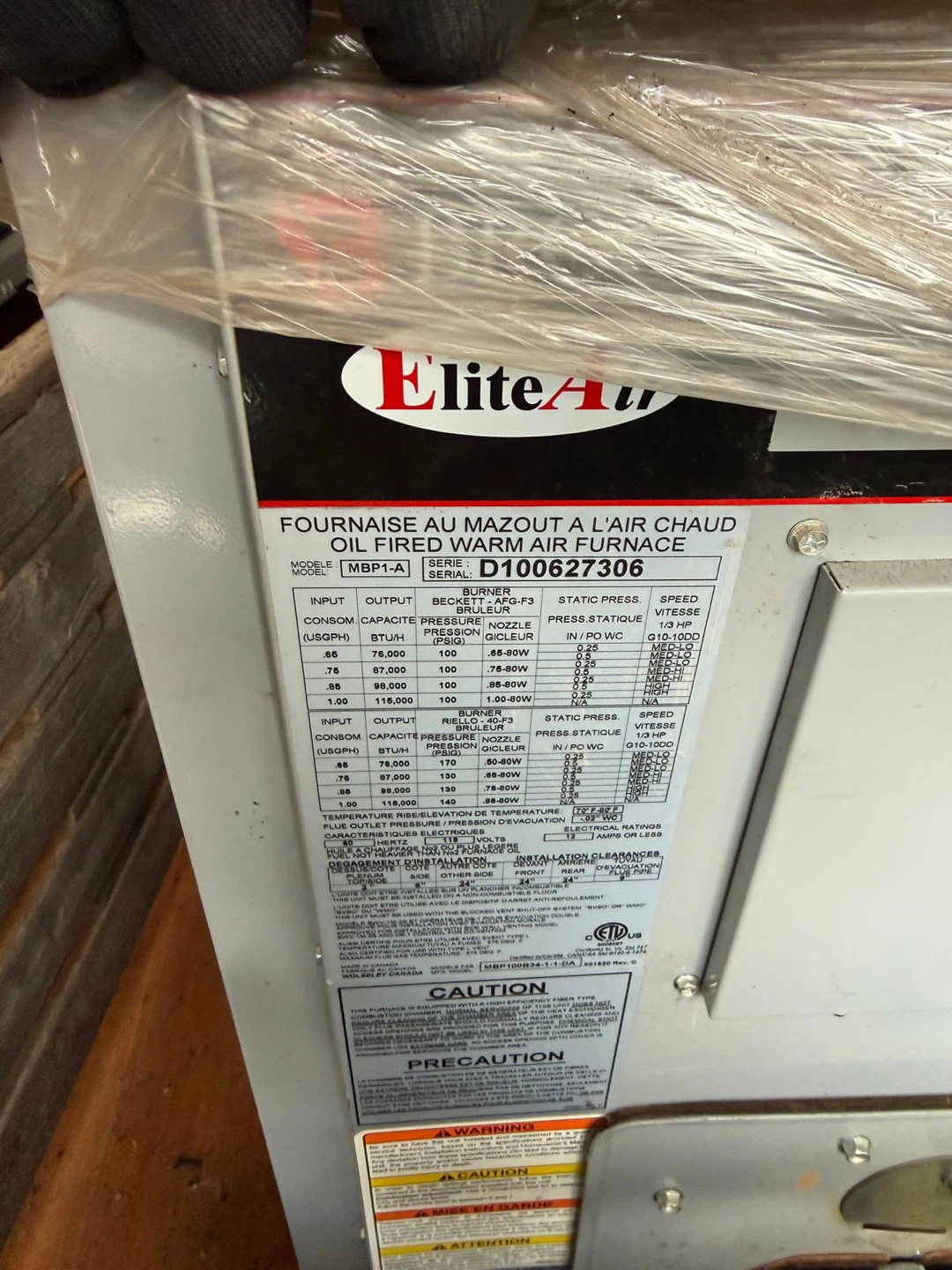 Brock Elite Air Oil Fired Warm Air Furnace MBP1-A - photo 5