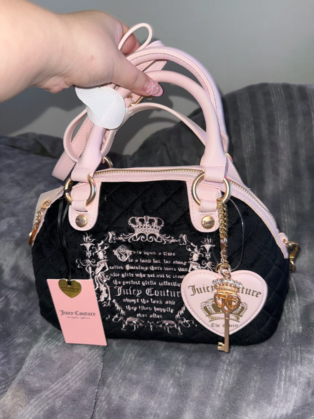 Juicy Couture Black Quilted Heart Charm Tote Bag