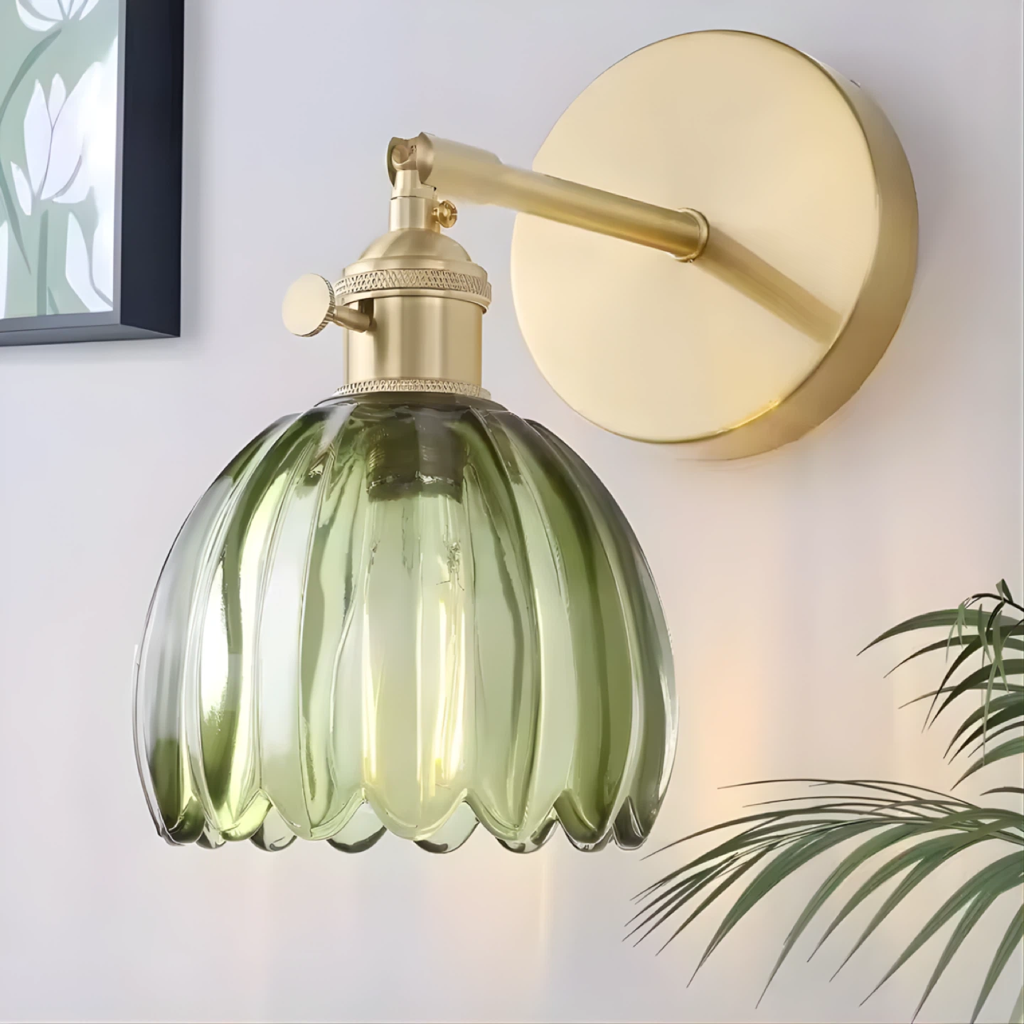 Brass and Green Glass Wall Sconce- brand new in box