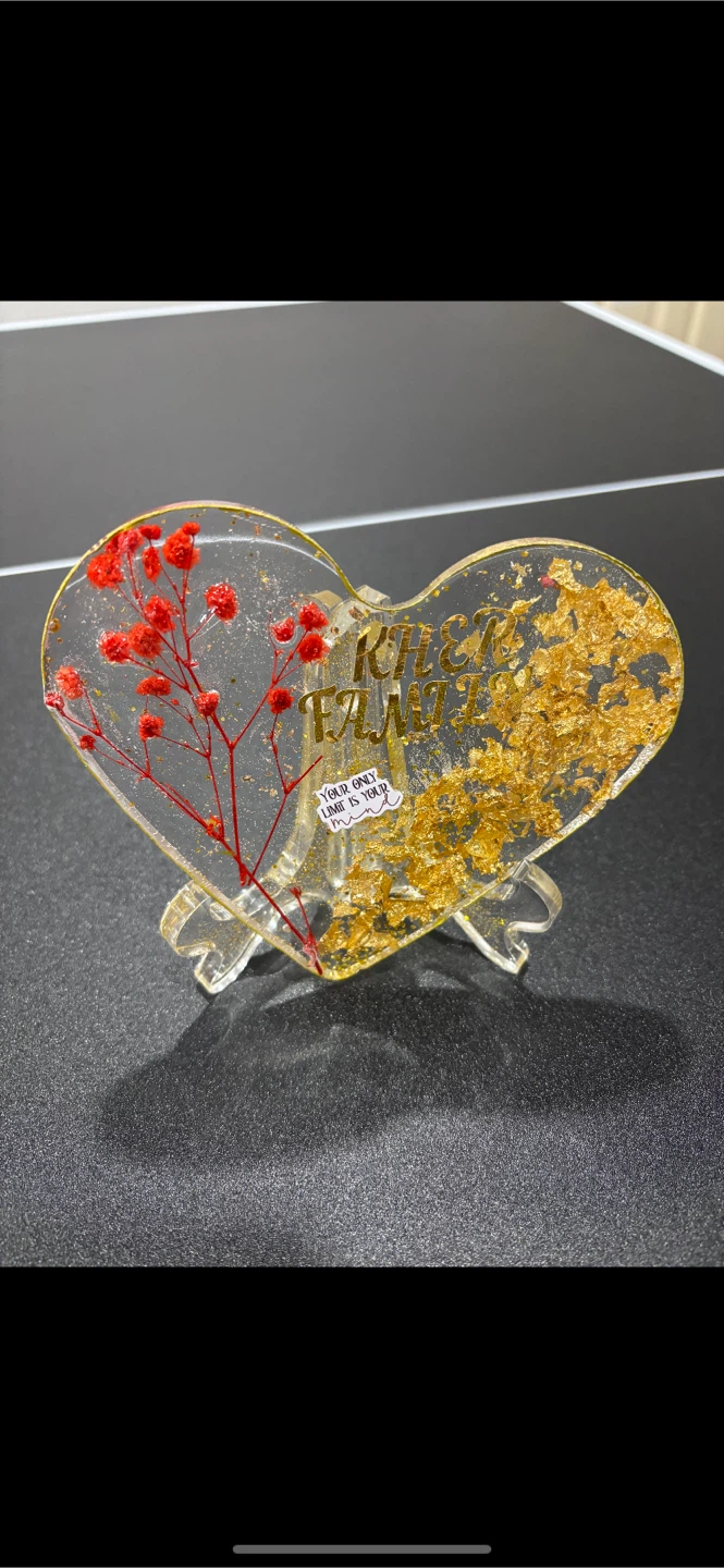 Resin Heart Decor with Flowers and Gold Leaf