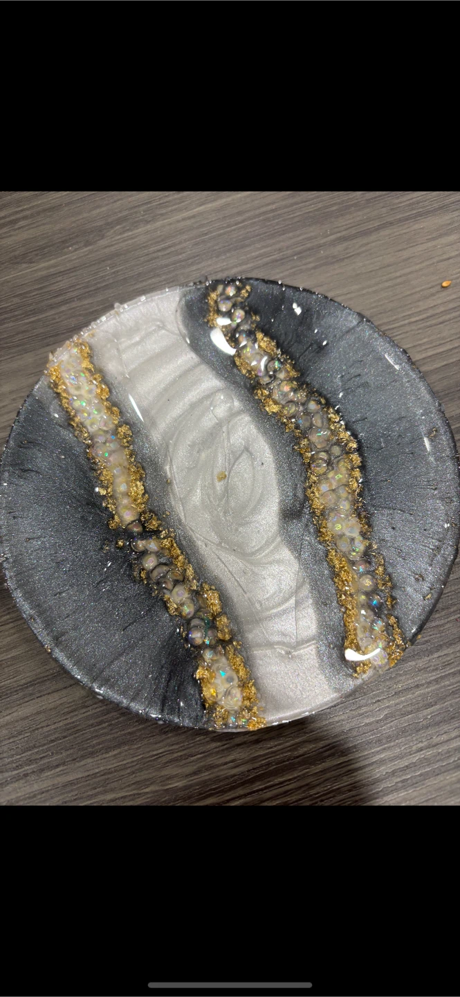 Resin Coaster with Gold Flakes and White Swirls