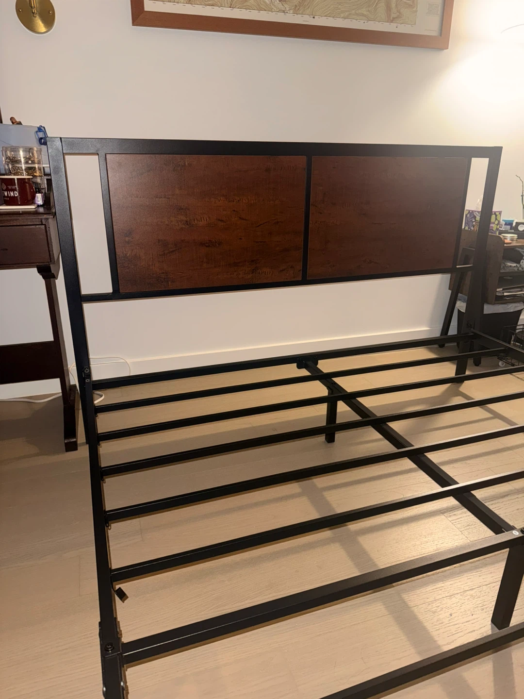 Queen Metal Bed Frame with Wood Headboard