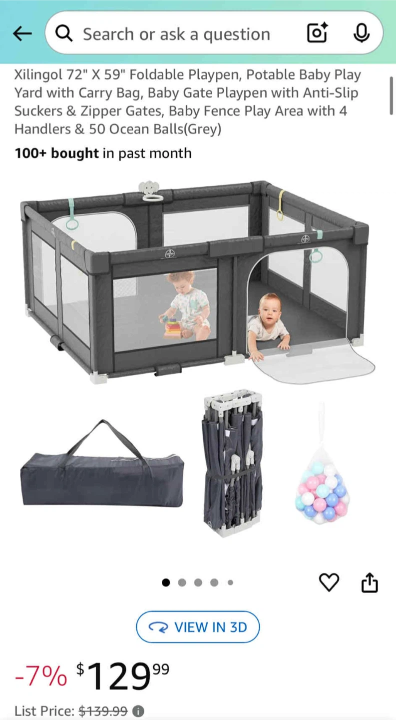 (BRAND NEW) Xilingol Foldable Baby Playpen 72" X 59" Grey