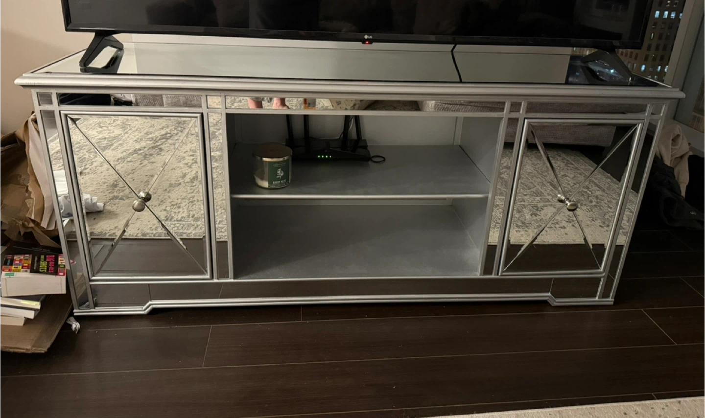 Mirrored TV Stand with Cabinet Doors
