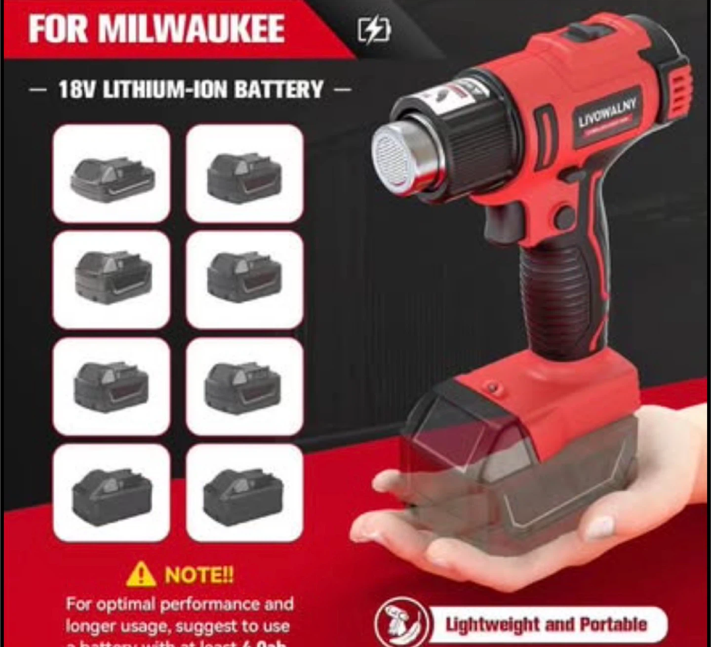 Livoowaly Cordless Heat Gun - For Milwaukee 18V Batteries - photo 5
