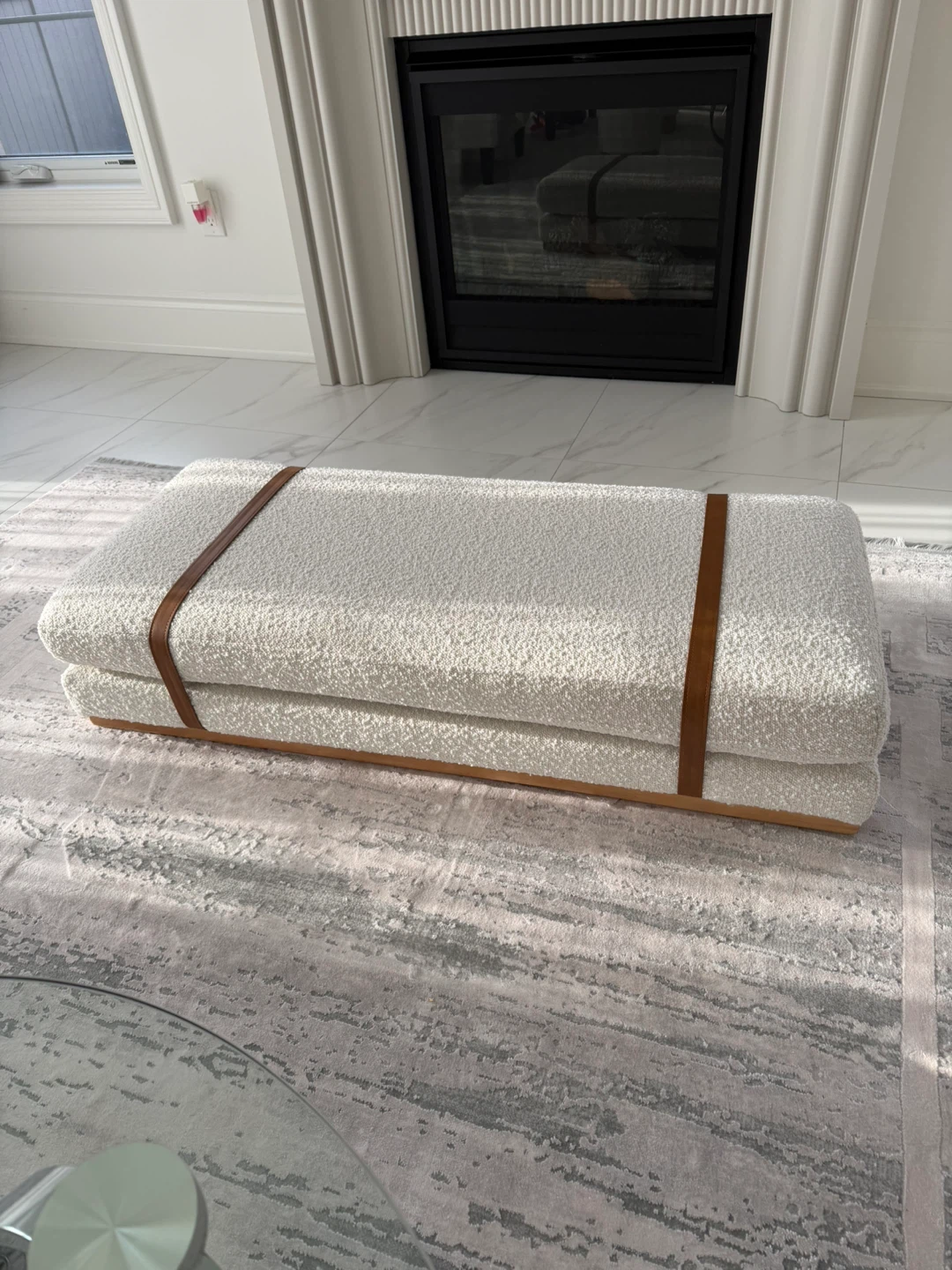 Bouclé Ottoman with Leather Straps