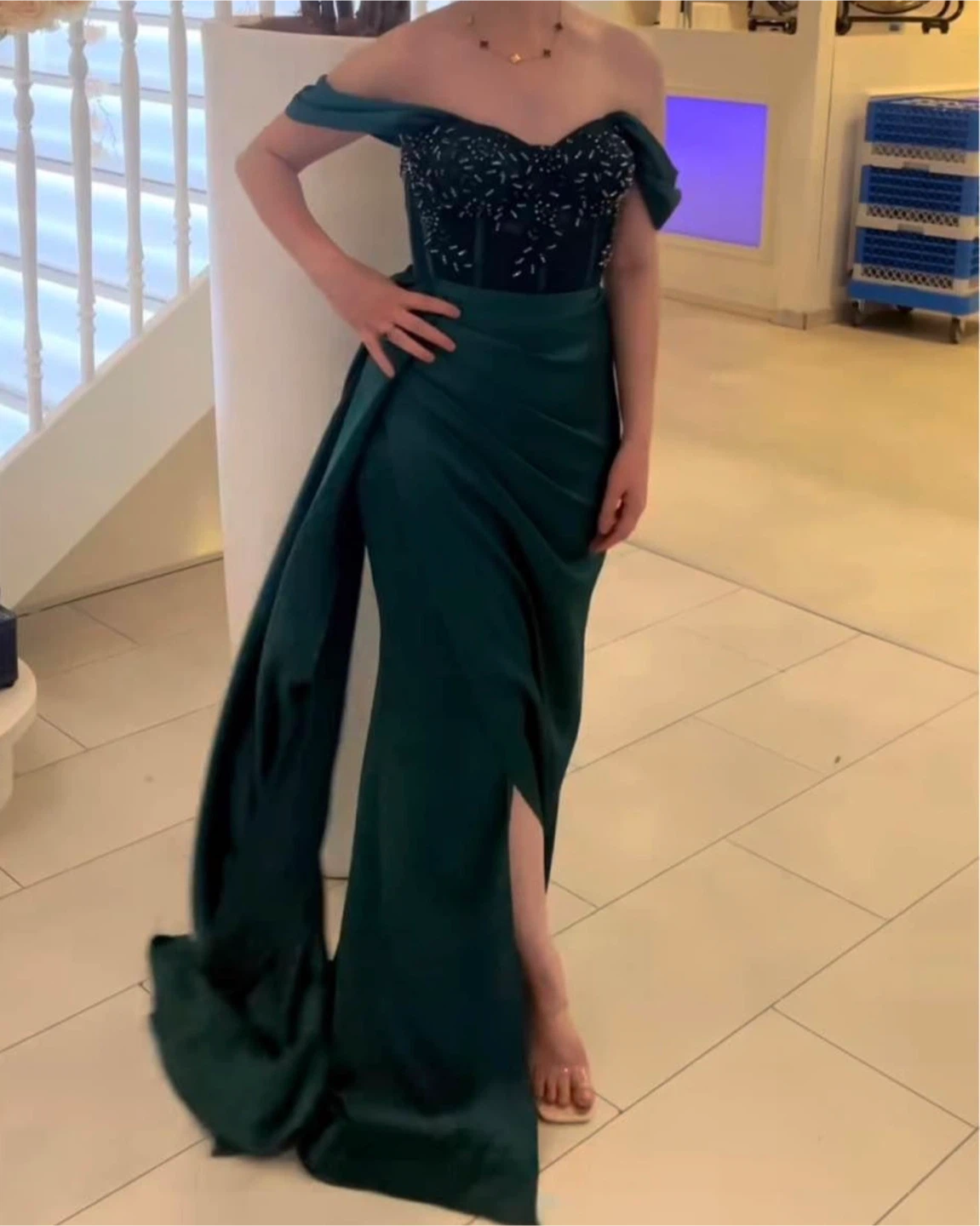 Emerald Green Off-the-Shoulder Beaded Evening Gown