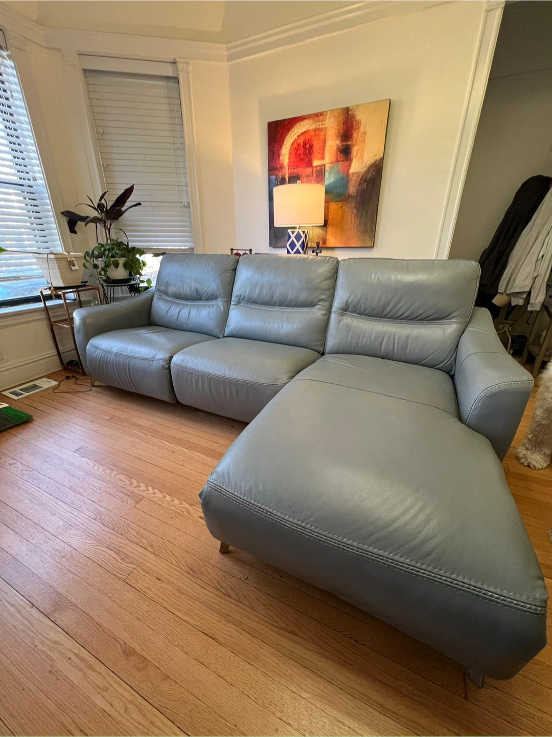 Light Blue Leather Reclining Sectional Sofa