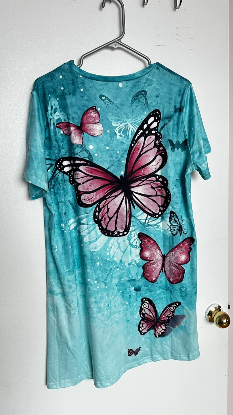 Vibrant Teal & Pink Butterfly Graphic Tee - Size Large - photo 2