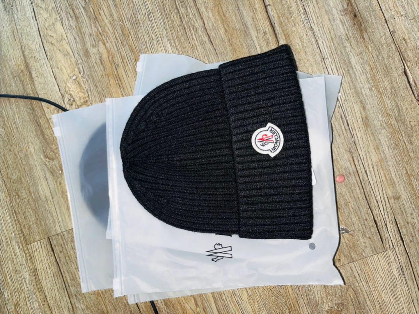 Moncler Black Ribbed Knit Beanie Hat