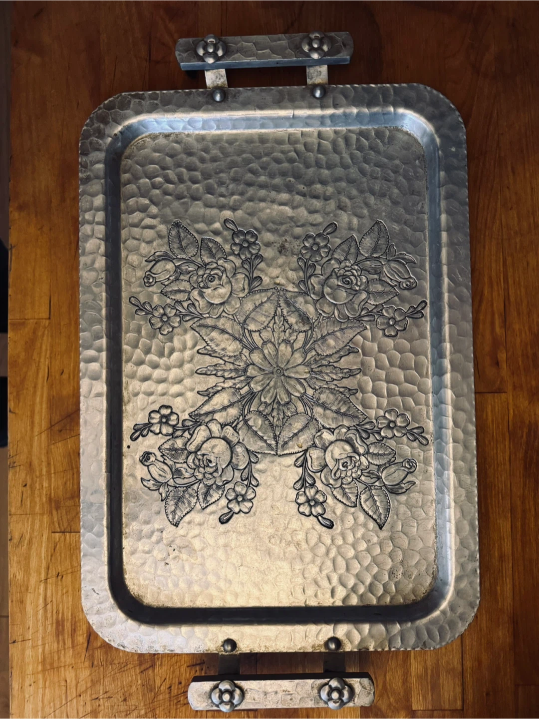 Antique Hand Forged Aluminum Serving Tray / Floral Embossing