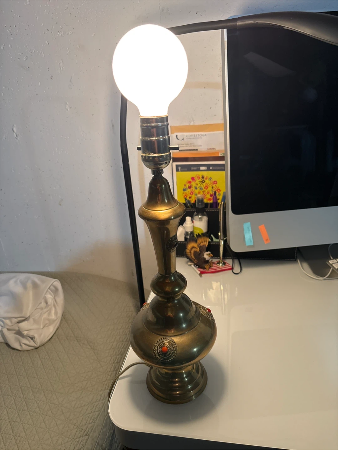 Vintage Brass Table Lamp with Decorative Inlays - photo 2