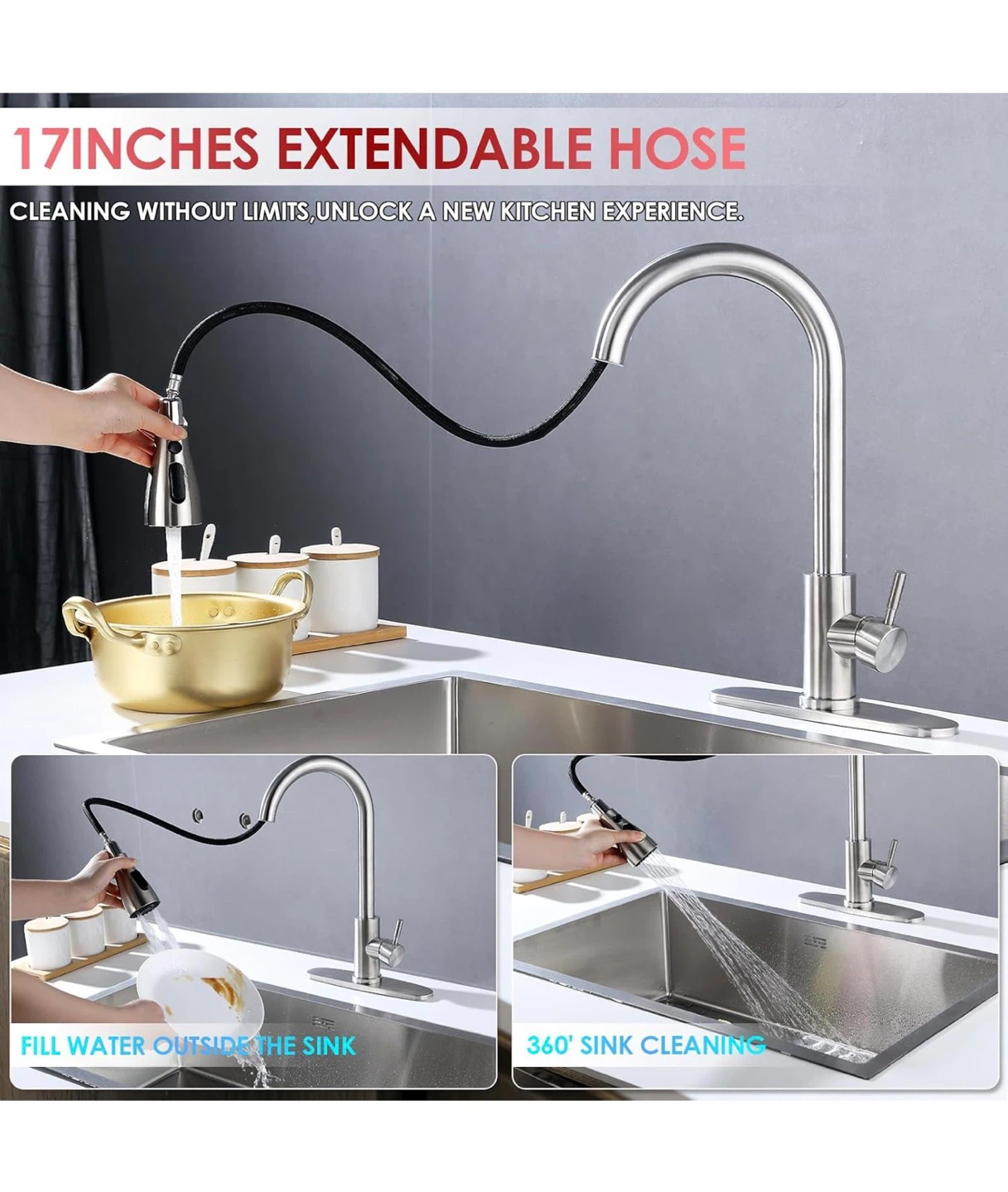 Stainless Steel Pull-Down Kitchen Faucet - 3 Water Modes KF5 - photo 4