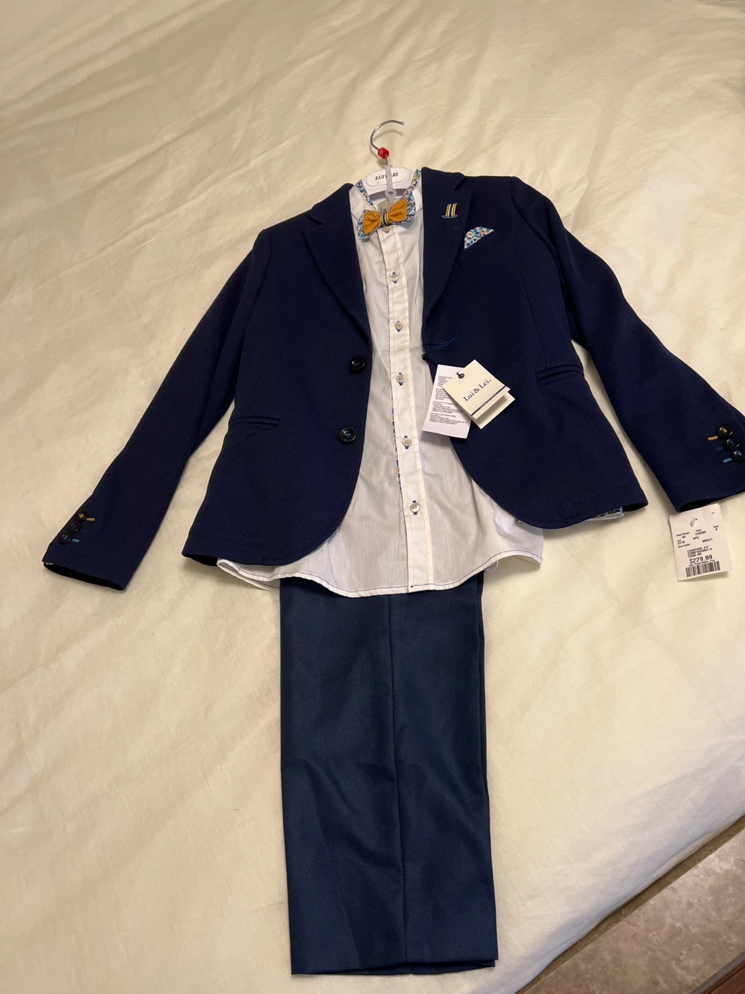 Boys Navy Blue Suit with Bowtie and Pocket Square