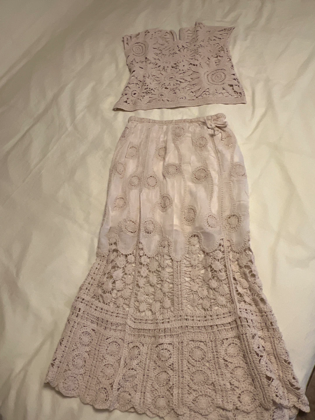 Beige Crochet Top and Skirt Set