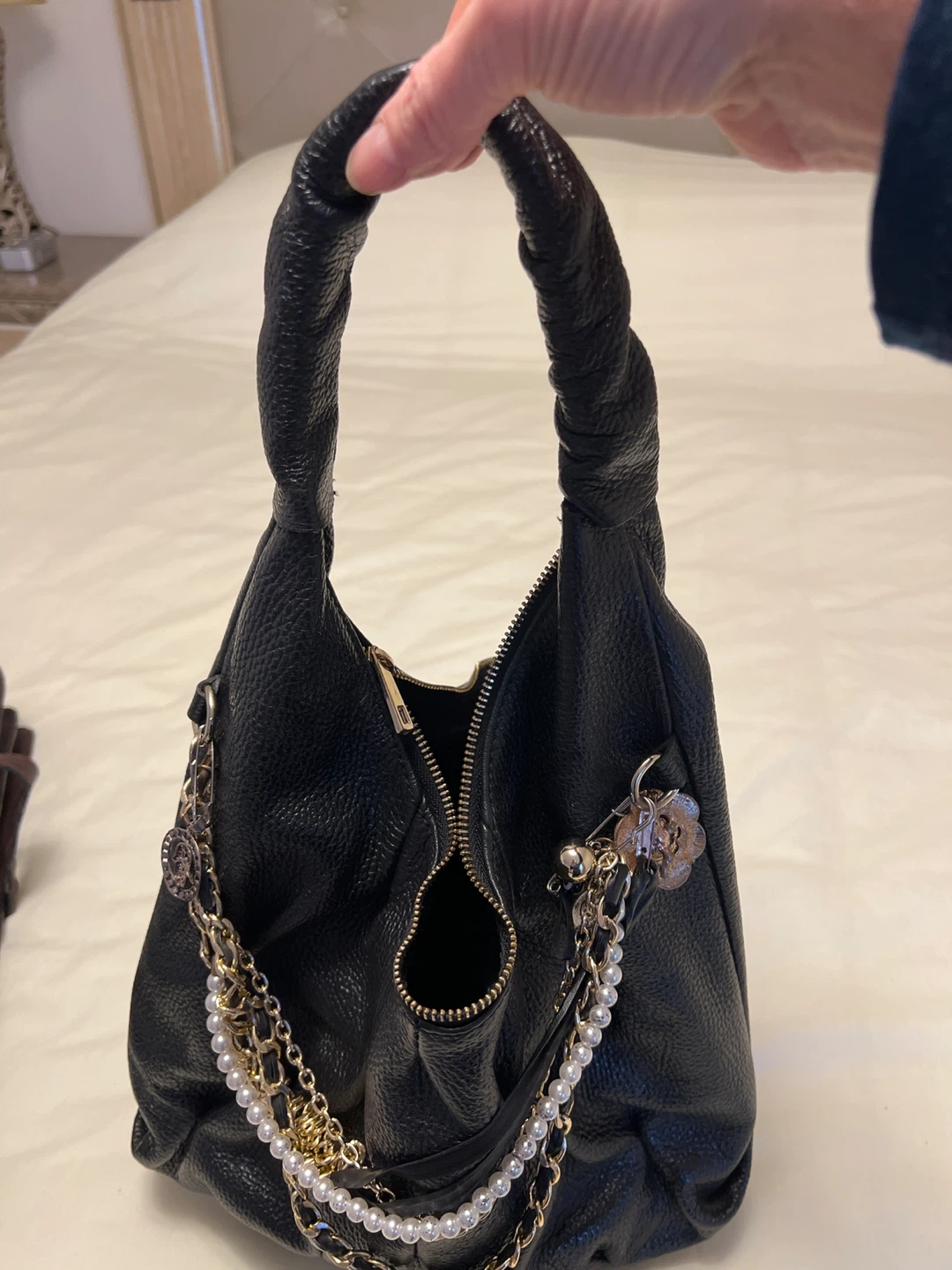 Black Leather Handbag with Pearl and Gold Chain Detail