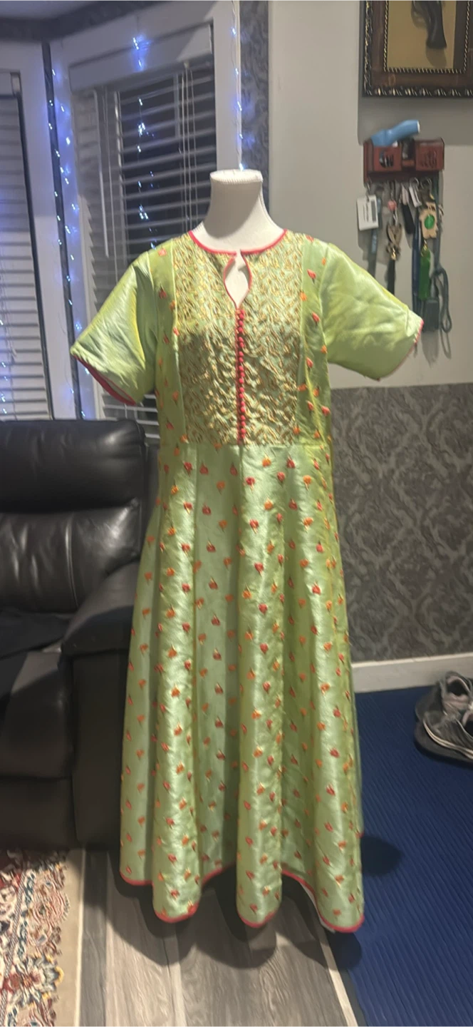 Light Green Embroidered Kurti Dress with Pink Trim
