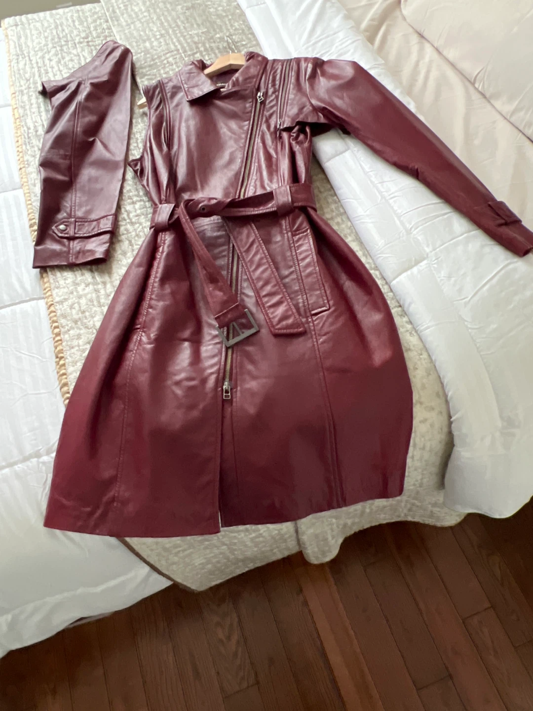 Women's Burgundy Genuinr Leather Trench Coat Dress