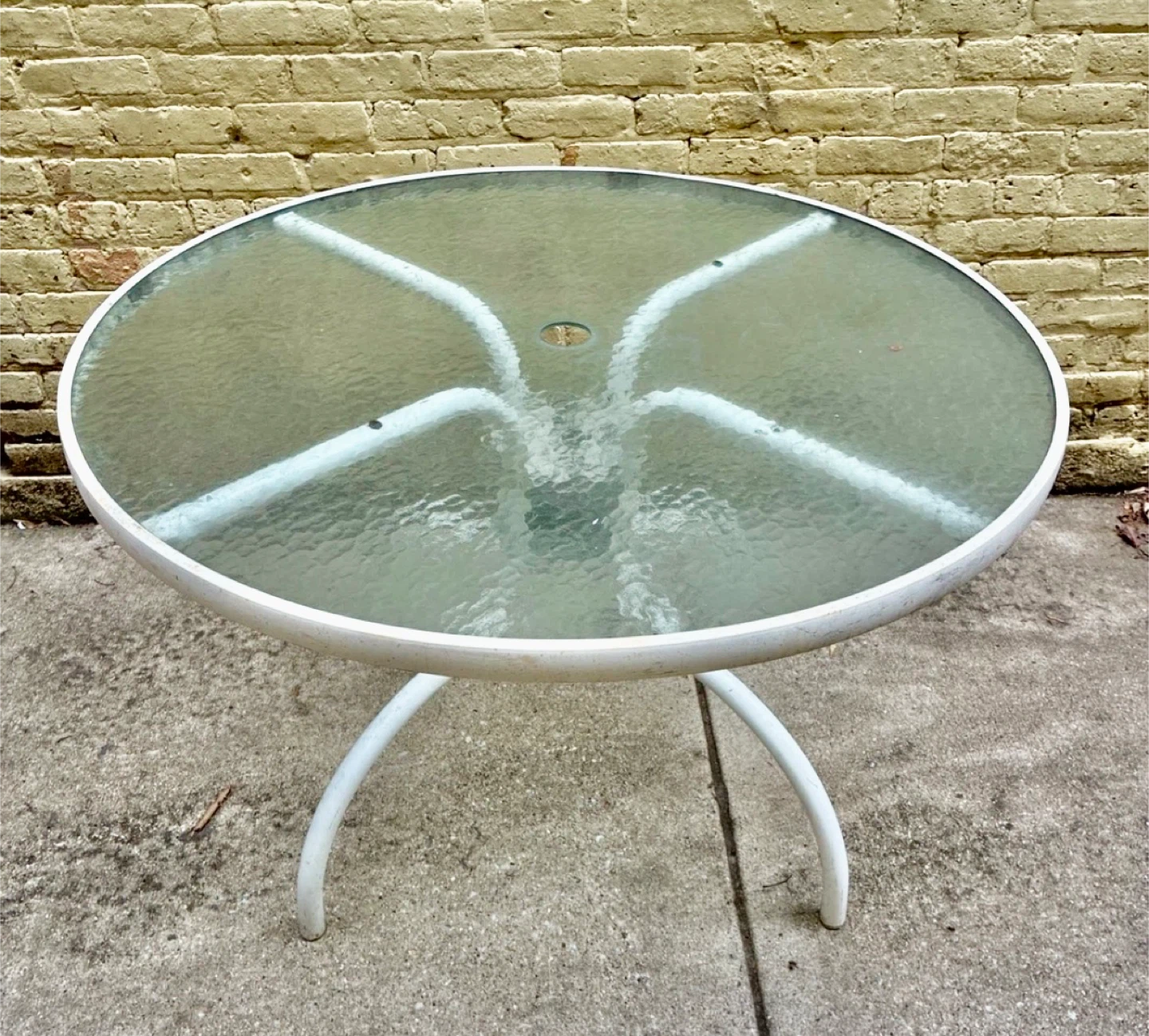 Round Glass Top Patio Table with White Frame