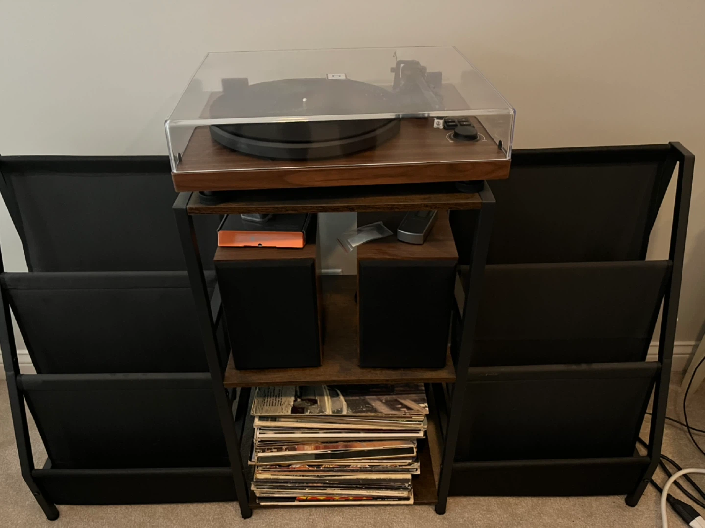 Turntable with Dust Cover, Speakers, and stand/display rack