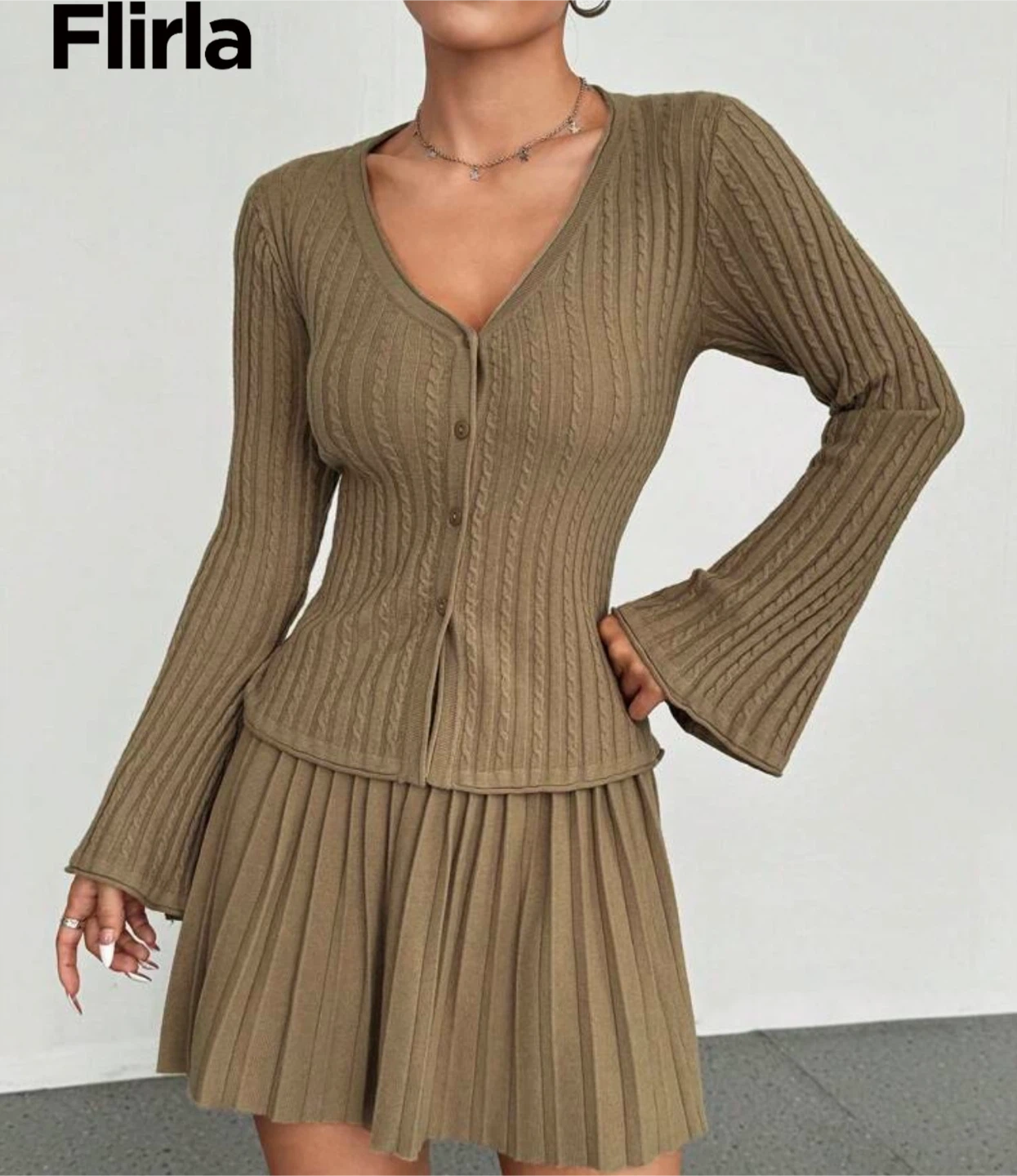 Flare Sleeve Cropped Cardigan And Pleated Mini Skirt Set