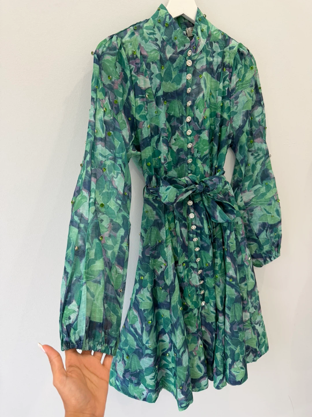 Green Leaf Print Beaded Dress with Bow S/M - photo 3