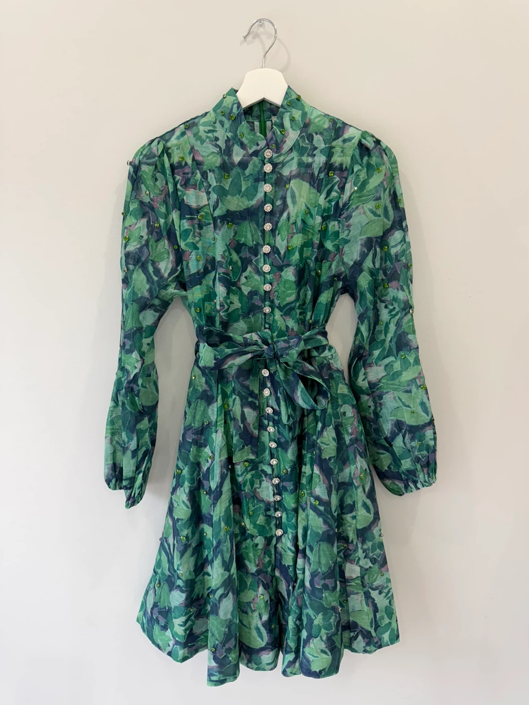 Green Leaf Print Beaded Dress with Bow S/M