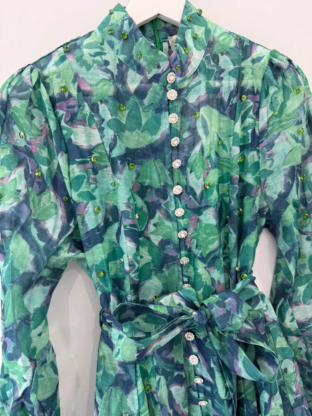 Green Leaf Print Beaded Dress with Bow S/M - photo 2