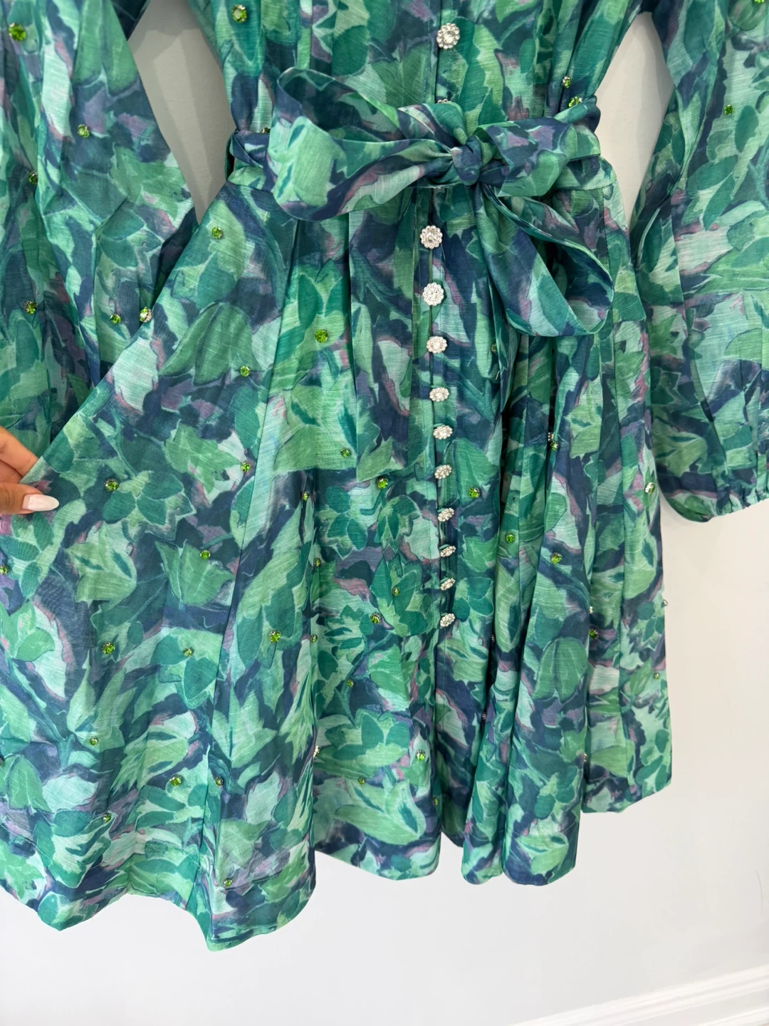 Green Leaf Print Beaded Dress with Bow S/M - photo 5