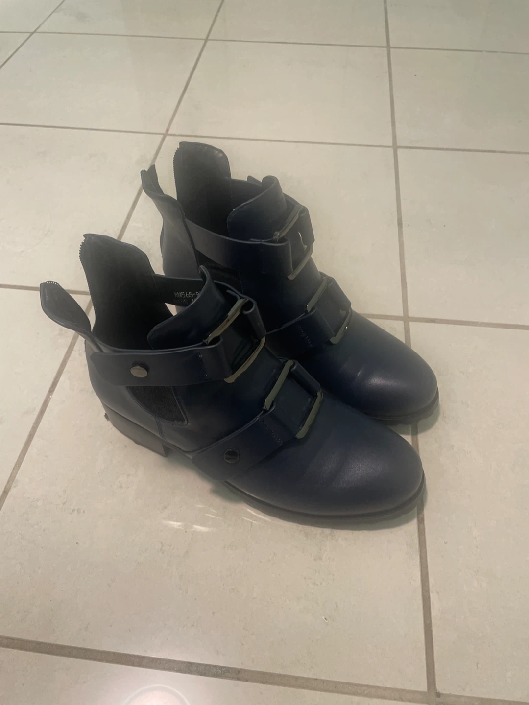 Navy Blue Buckle Ankle Boots
