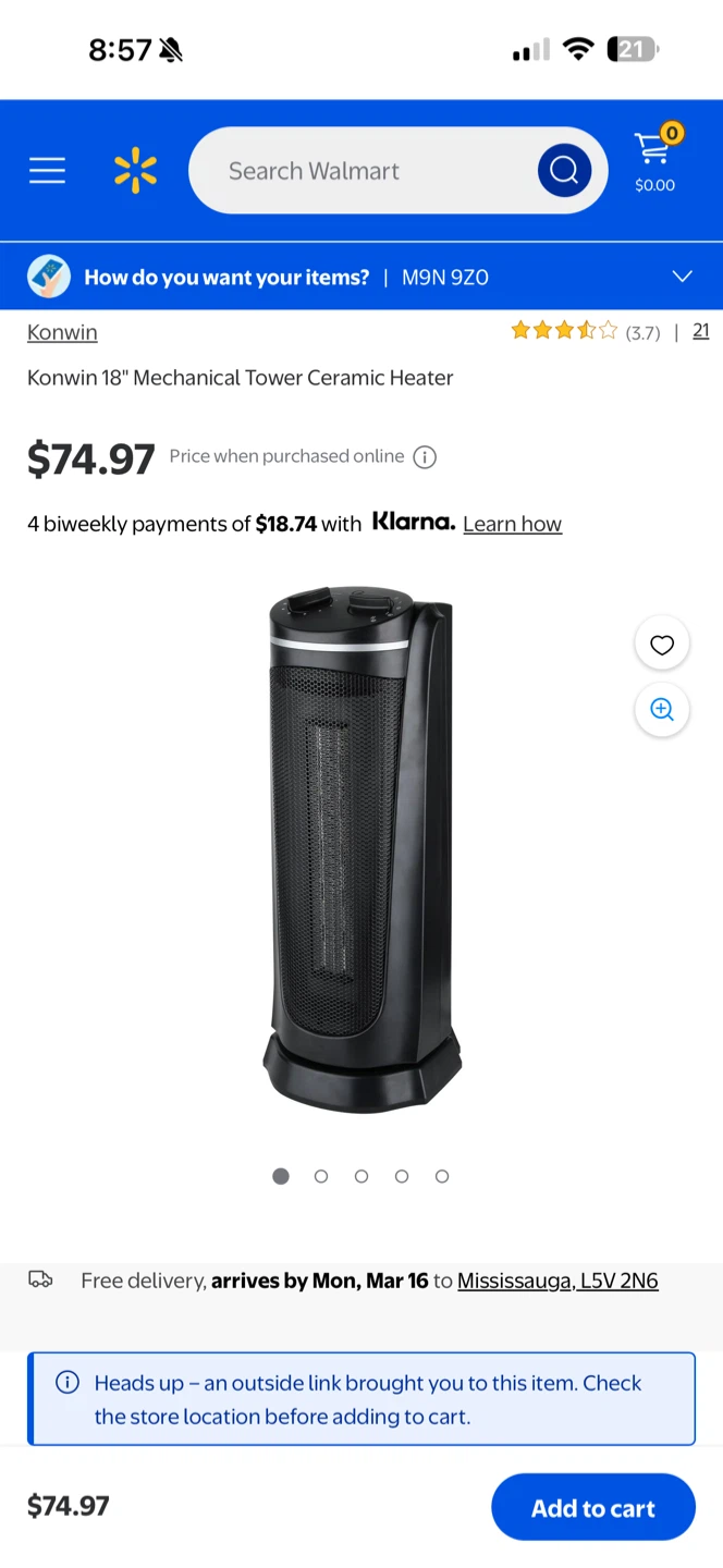 Konwin 18" Mechanical Tower Ceramic Heater