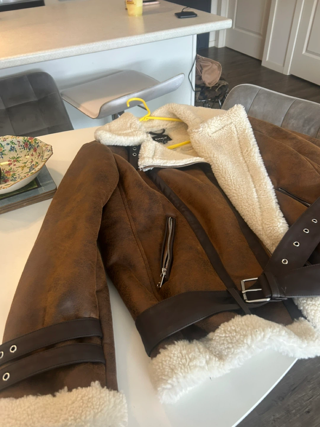 ONLY Brown Faux Suede Sherpa Lined Aviator Jacket