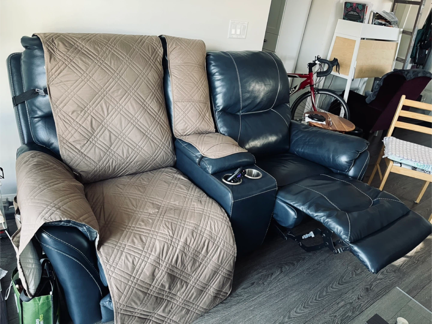 Blue Leather Recliner with Cup Holders
