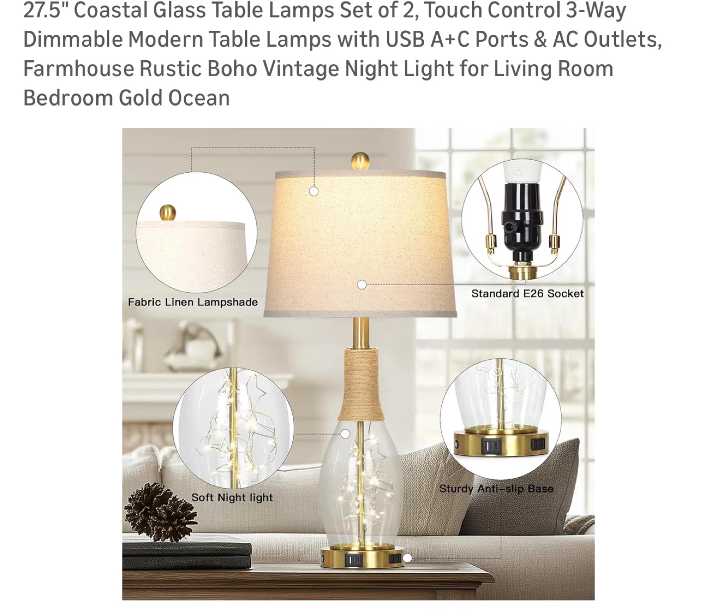 Set of 2 Coastal Glass Table Lamps - photo 3