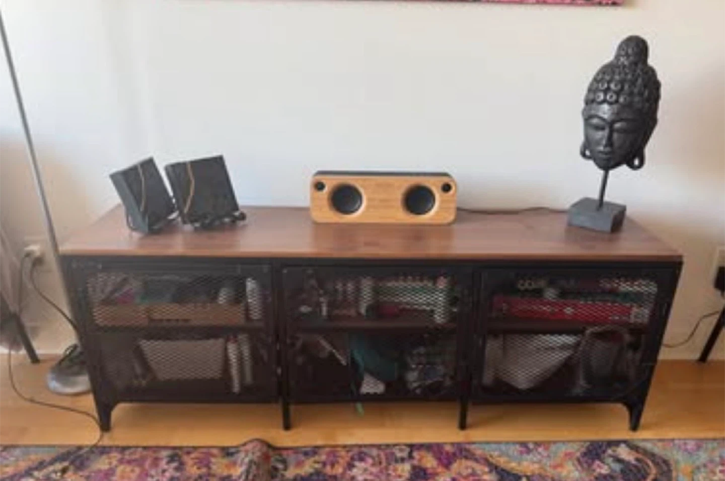 IKEA- Wooden Top Media Console with Black Metal Mesh Doors