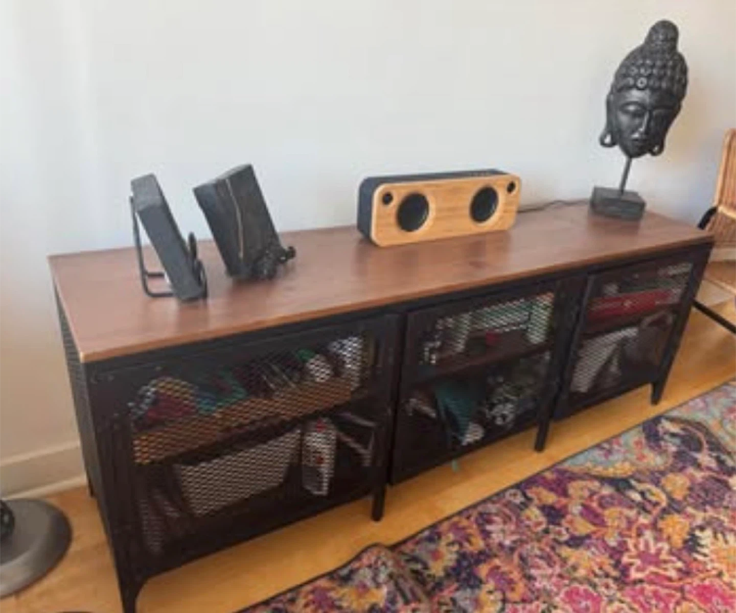 IKEA- Wooden Top Media Console with Black Metal Mesh Doors - photo 2