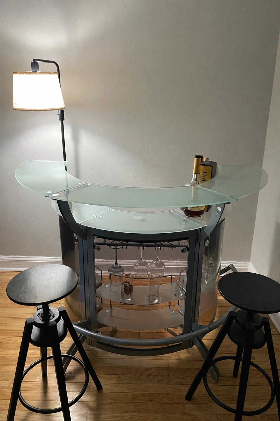Modern Curved Glass Home Bar + 2 IKEA Adjustable Stool