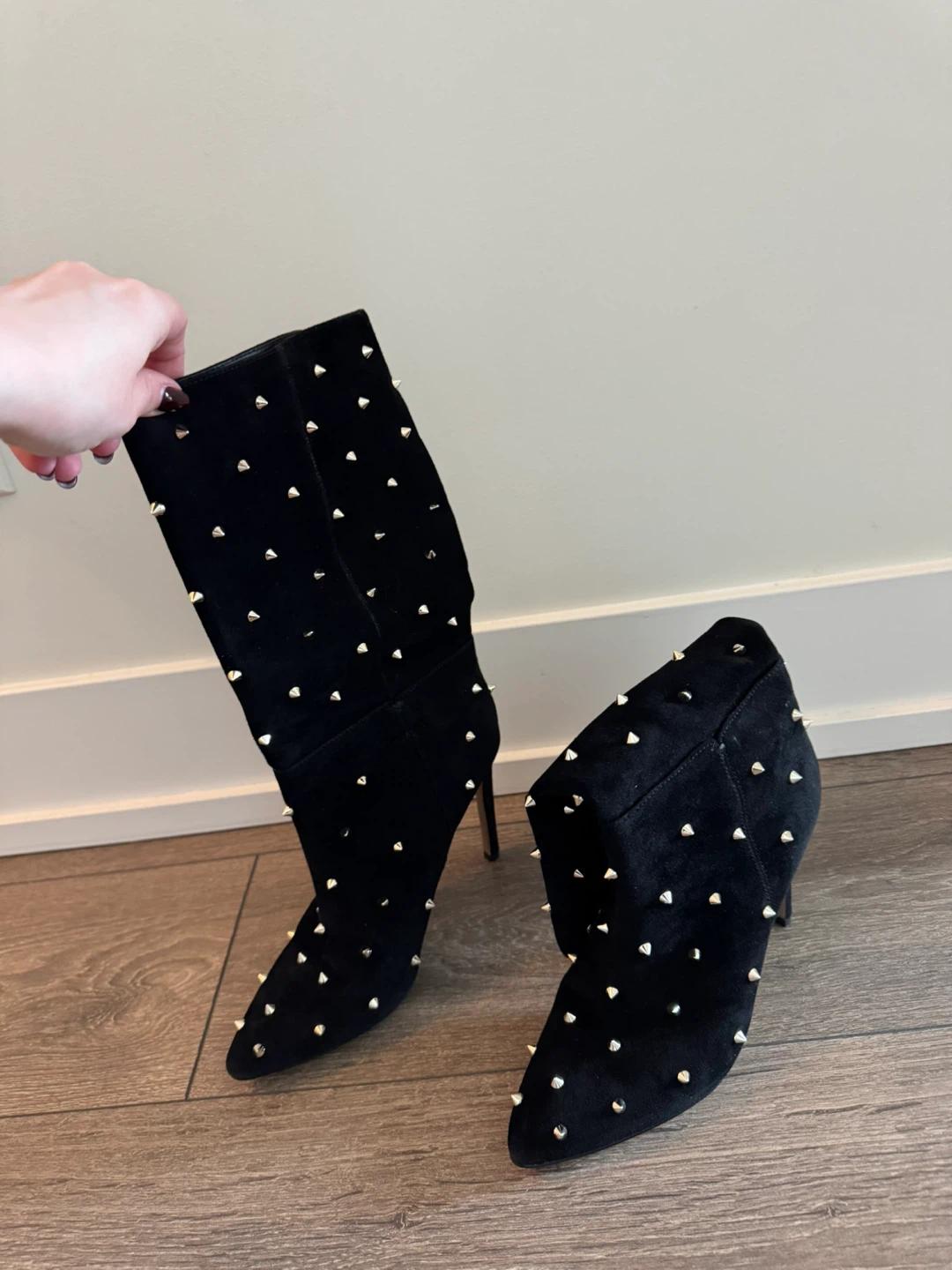 Black Suede Studded Heeled Boots - photo 2