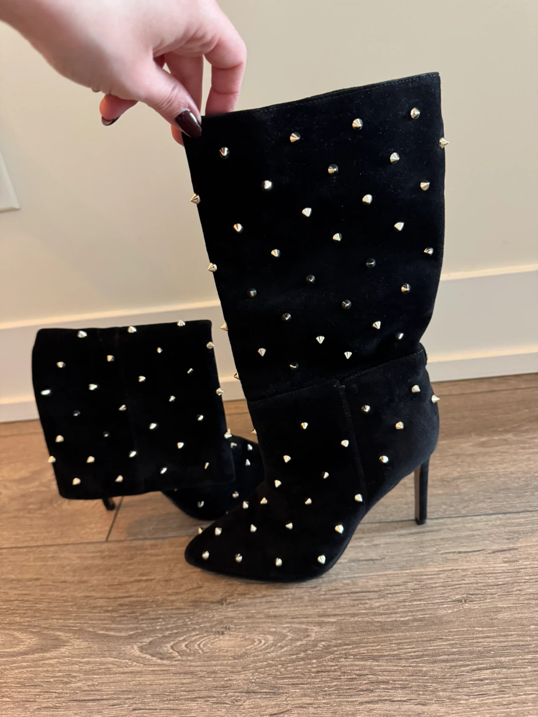 Black Suede Studded Heeled Boots - photo 3