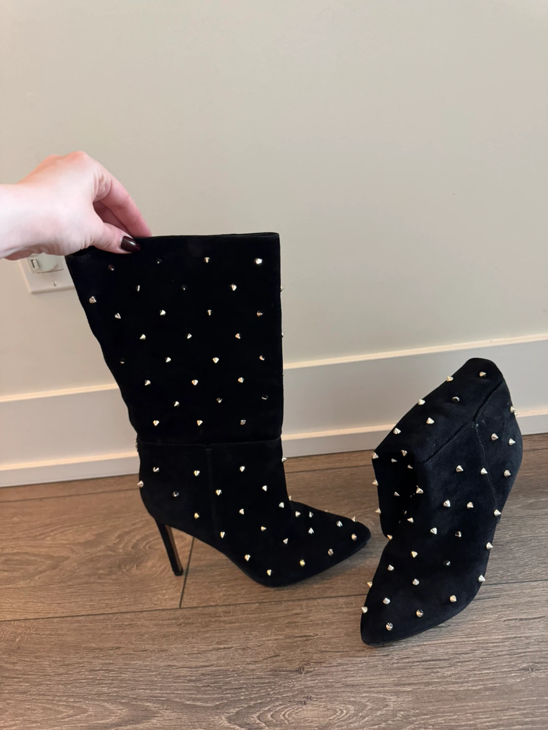 Black Suede Studded Heeled Boots