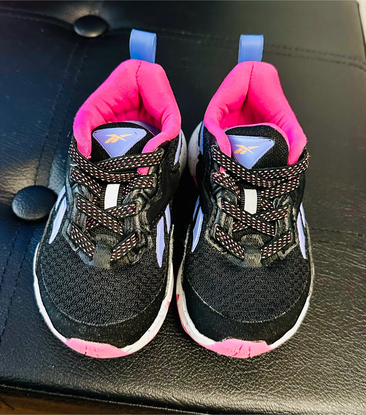Size 5 Reebok Kids Sneakers - Black, Pink, and Blue
