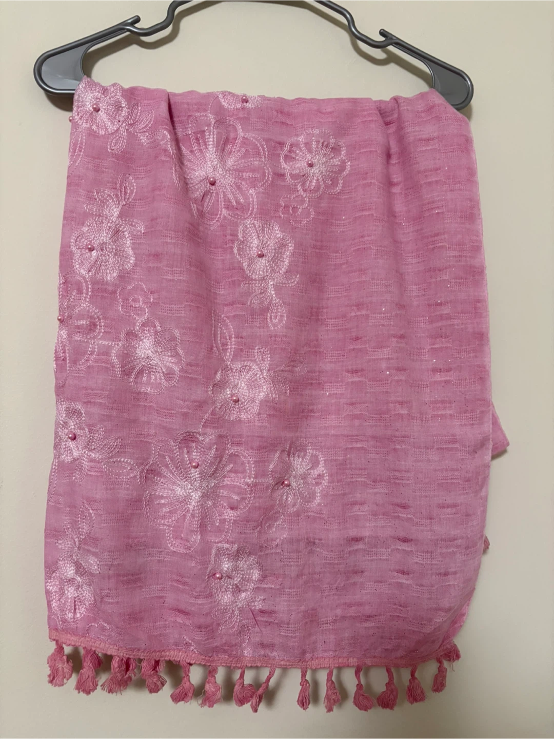 Pink Embroidered Scarf with Tassels