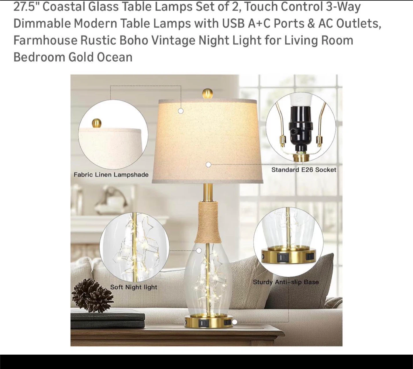 Set of 2 Coastal Glass Table Lamps